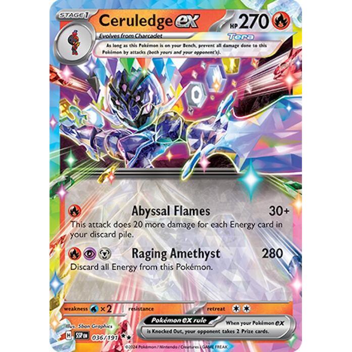 A collectible card from Pokémon TCG featuring an illustration of a Ceruledge EX Pokémon with multicolored sparks and energy symbols on it.
